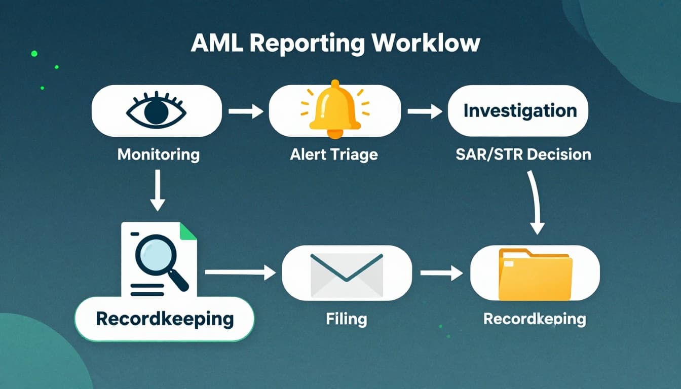Organigramme du workflow de reporting AML, de la surveillance à la tenue des dossiers
